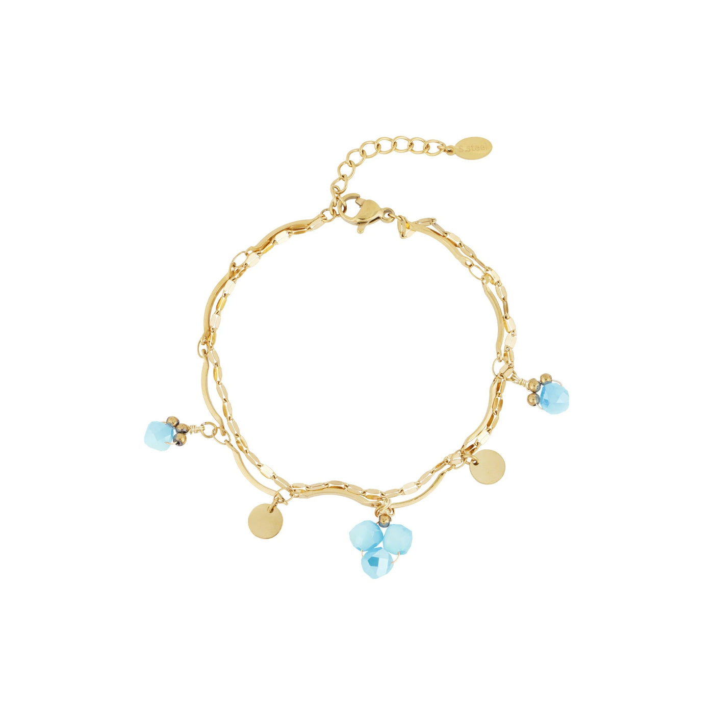 Nancy Patrice | Hellblaues Perlenarmband aus Edelstahl – Gold
